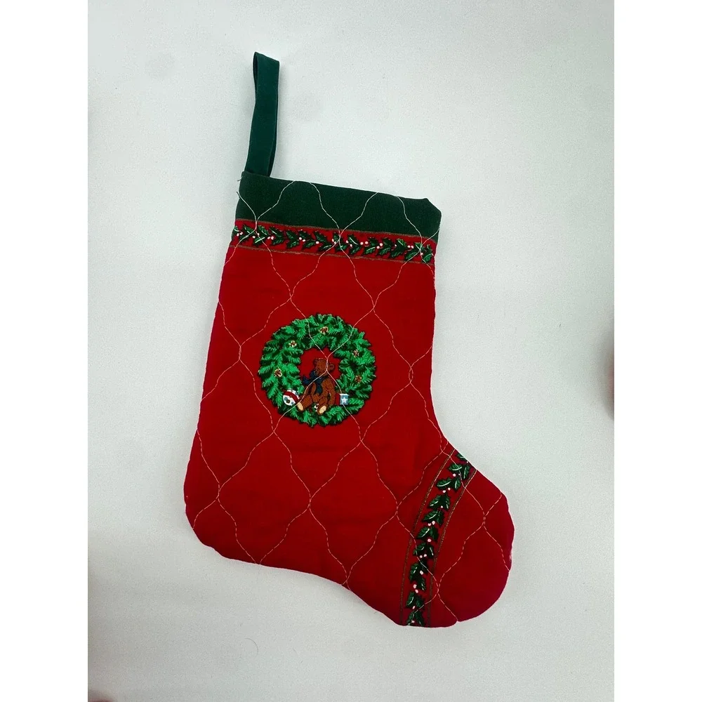Vintage Christmas Stockings Quilted Red Green Wreath Towel Pot Holder Bundle 4pc